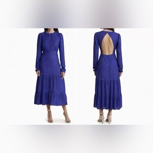 Area Stars Midi Dress XS Extra Small Blue Purple Dot Long Sleeve Tiered NEW